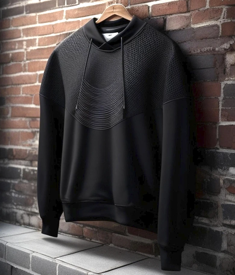 sudadera negra colgada sobre fondo ladrillo